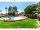 Backyard featuring a large pool, a lush lawn, and mature trees in a private oasis at 4010 N 156Th Ln, Goodyear, AZ 85395