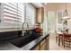 Kitchen sink area with sleek black countertops and modern fixtures, illuminated by natural light at 9442 N 106Th Pl, Scottsdale, AZ 85258