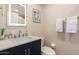 Bathroom featuring a blue vanity with quartz countertop and a LED mirror at 3209 E Marilyn Rd, Phoenix, AZ 85032