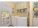 Well-equipped laundry room with washer, dryer, storage cabinets, and access to outdoor living space at 3328 S Stanley Pl, Tempe, AZ 85282