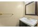 Bathroom featuring a white sink with a dark vanity cabinet and framed mirror with a towel bar at 4332 W Monte Cristo W Ave, Glendale, AZ 85306
