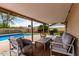 Comfortable covered patio with outdoor seating, barbecue, and direct access to a sparkling blue swimming pool at 8637 E Weldon Ave, Scottsdale, AZ 85251