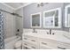 Bright bathroom with double vanity, stylish mirrors, and patterned tile in the shower area at 20338 N 262Nd Ave, Buckeye, AZ 85396
