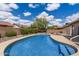 Sparkling pool surrounded by a concrete deck, lush landscaping, and a privacy fence, perfect for outdoor relaxation at 450 E Duke Dr, Casa Grande, AZ 85122