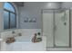 Elegant bathroom with a soaking tub and a glass-enclosed shower, complemented by soft lighting at 9443 E Mallory St, Mesa, AZ 85207