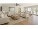 Open-concept living room featuring neutral tones, modern furniture, and access to the backyard at 6428 E Shea Blvd, Scottsdale, AZ 85254