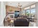 Inviting living room with a stone accent wall, fireplace, and abundant natural light at 27926 N 130Th Ave, Peoria, AZ 85383