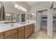 Bathroom featuring dual sinks, wood cabinetry, and mirrored doors to the closet at 5450 E Mclellan Rd # 145, Mesa, AZ 85205