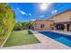Beautiful backyard featuring a pool, artificial turf, outdoor kitchen, and block wall for privacy at 823 W Palo Verde Dr, Phoenix, AZ 85013