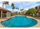 Beautiful community pool with palm trees, shallow water marker, and lounge chairs nearby at 1645 W Baseline Rd # 2176, Mesa, AZ 85202