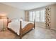 Well-lit bedroom features a wood bed frame and sunny window with floral curtains at 16955 W Cypress St, Goodyear, AZ 85395