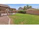 Expansive backyard featuring a lush lawn, gravel beds, and a beautiful pergola-covered outdoor dining area at 4364 S Tatum Ln, Gilbert, AZ 85297