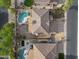 Overhead shot displaying neighborhood homes with private pools, landscaped yards, and covered patios, offering outdoor living at 630 S Boulder Ct, Gilbert, AZ 85296