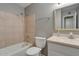 Small bathroom features tiled shower, vanity, toilet and wall mirror at 8319 E Indianola Ave, Scottsdale, AZ 85251
