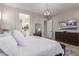 Bright main bedroom with a view of a ensuite bathroom, pendant lighting, and wood flooring at 851 E Deer Creek Rd, Phoenix, AZ 85048