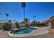 Backyard with a refreshing pool, complemented by desert landscaping and mature palm trees at 10939 N 111Th St, Scottsdale, AZ 85259