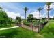 A thriving community garden with raised beds and mature palm trees in the background at 2131 E New Bedford Dr, Gilbert, AZ 85234