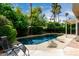 Backyard pool surrounded by lush, mature trees, creating a private oasis for relaxation at 2131 E New Bedford Dr, Gilbert, AZ 85234