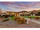 Beautiful single-story home featuring stone accents, a lush lawn, and a charming walkway, all beneath a colorful sunset sky at 911 E Desert Inn Dr, Chandler, AZ 85249