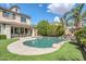 Outdoor pool with rock waterfall feature, manicured artificial grass, and string lights at 10749 E Nido Ave, Mesa, AZ 85209
