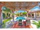Outdoor patio with seating area, decorative pergola, and pool view offers an ideal space for relaxation and leisure at 7722 E Hartford Dr, Scottsdale, AZ 85255