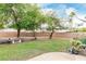 Large, landscaped backyard with mature trees and plenty of open space for outdoor activities at 10653 E Lindner Cir, Mesa, AZ 85209