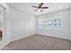 Bright bedroom featuring carpet floors, ceiling fan, three windows, and natural light at 3504 E Pinto Dr, Gilbert, AZ 85296