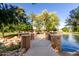 Charming bridge over a serene pond, accented with lush greenery and mature palm trees at 3683 E Nolan Dr, Chandler, AZ 85249
