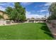 A large manicured backyard offers a serene escape with a sprawling lawn and mature trees providing ample shade at 5960 E Orange Blossom Ln, Phoenix, AZ 85018