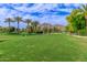 Scenic golf course view with palm trees, manicured green and mountain backdrop for a resort lifestyle at 5960 E Orange Blossom Ln, Phoenix, AZ 85018