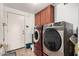 Well-equipped laundry room features modern washer and dryer units and built-in storage cabinets at 844 W Sherri Dr, Gilbert, AZ 85233
