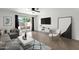 Bright living room with wood floors, large TV, and sliding doors to the patio offers modern comfort at 5316 S Palm Dr, Tempe, AZ 85283