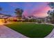 Backyard featuring lush artificial turf, blooming flower beds, and desert mountain views at 2040 E Indigo Brush Rd, Phoenix, AZ 85048