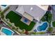 Aerial of backyard oasis with pool, patio, green turf, and landscaped borders at 2040 E Indigo Brush Rd, Phoenix, AZ 85048