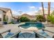 Relaxing backyard oasis with a sparkling pool, comfortable seating, lush greenery, and ambient string lights at 2040 E Indigo Brush Rd, Phoenix, AZ 85048