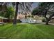 Large backyard with a well-maintained lawn, patio, picnic table, and mature trees, perfect for outdoor living at 222 N Miller St, Mesa, AZ 85203