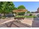 Lush backyard with manicured lawn, mature trees, and a charming fire pit area, ideal for outdoor gatherings and relaxation at 4340 S Marble St, Gilbert, AZ 85297