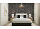 Stylish bedroom featuring a unique wallpaper design, well-lit by lamps on the bedside tables at 5043 S 233Rd Dr, Buckeye, AZ 85326