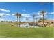 Scenic pond with tranquil waterfall feature, lush green grass and swaying palms at 1556 E Vesper Trl, Queen Creek, AZ 85140