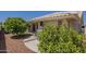 Backyard of a home with covered patio, mature trees, desert landscaping and tile roof at 7925 E Monte Ave, Mesa, AZ 85209