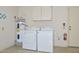 The laundry area includes appliances, storage cabinets and fire extinguisher for added safety in a practical layout at 18610 N Mica Dr, Sun City West, AZ 85375