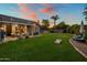 Expansive backyard with lush lawn, covered patio, landscaping and lounging and play areas at 19203 S 185Th Dr, Queen Creek, AZ 85142