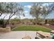 Landscaped backyard with an artificial lawn, a fire pit, desert landscape, and patio furniture at 27196 N 129Th Dr, Peoria, AZ 85383