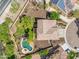 An aerial view of a well maintained backyard with mature landscaping, patio and a private pool and spa at 5042 W Lariat Ln, Phoenix, AZ 85083