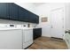 Well-equipped laundry room featuring modern washer and dryer, dark blue cabinetry, and stylish design at 6244 S Flora Ln, Gold Canyon, AZ 85118
