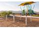 Community playground includes climbing ropes and slide with a beautiful mountain range in the distance at 19022 W Rose Ln, Waddell, AZ 85355