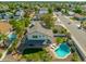 Aerial view of the backyard with a pool, putting green, patio, and surrounding neighborhood at 2818 N Yucca St, Chandler, AZ 85224