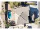 Overhead shot of the backyard revealing a sparkling pool, patio area, and serene green surroundings at 3557 S Halsted Ct, Chandler, AZ 85286