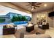 Covered patio features comfortable seating, a fire pit, and a view of the pool, providing a relaxing outdoor space at 3749 E Sagebrush St, Gilbert, AZ 85296