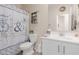 Well-lit bathroom with white cabinets, large mirror, and decorative shower curtain at 10138 W Wood St, Tolleson, AZ 85353